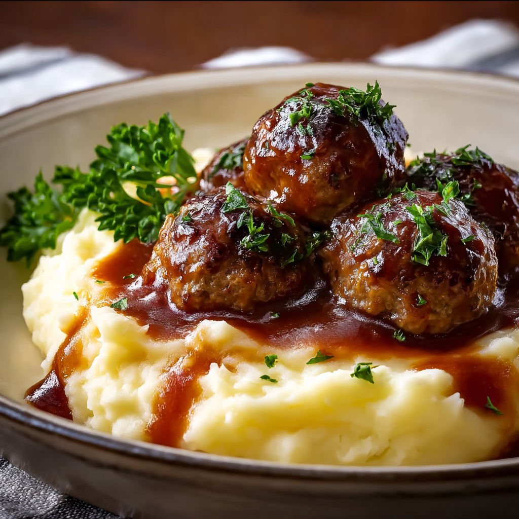 A plate of food with meatballs and potatoes.