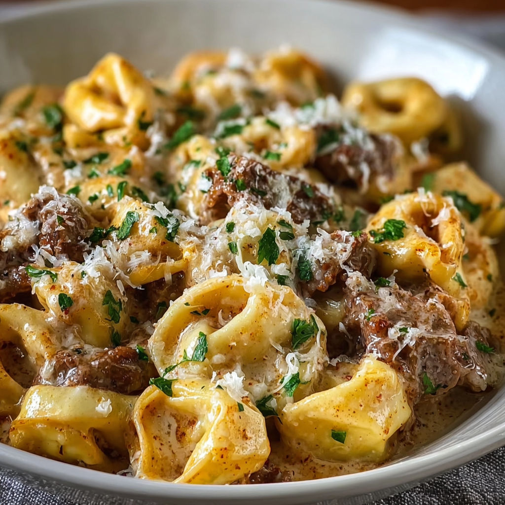 A bowl of pasta with meat and cheese.