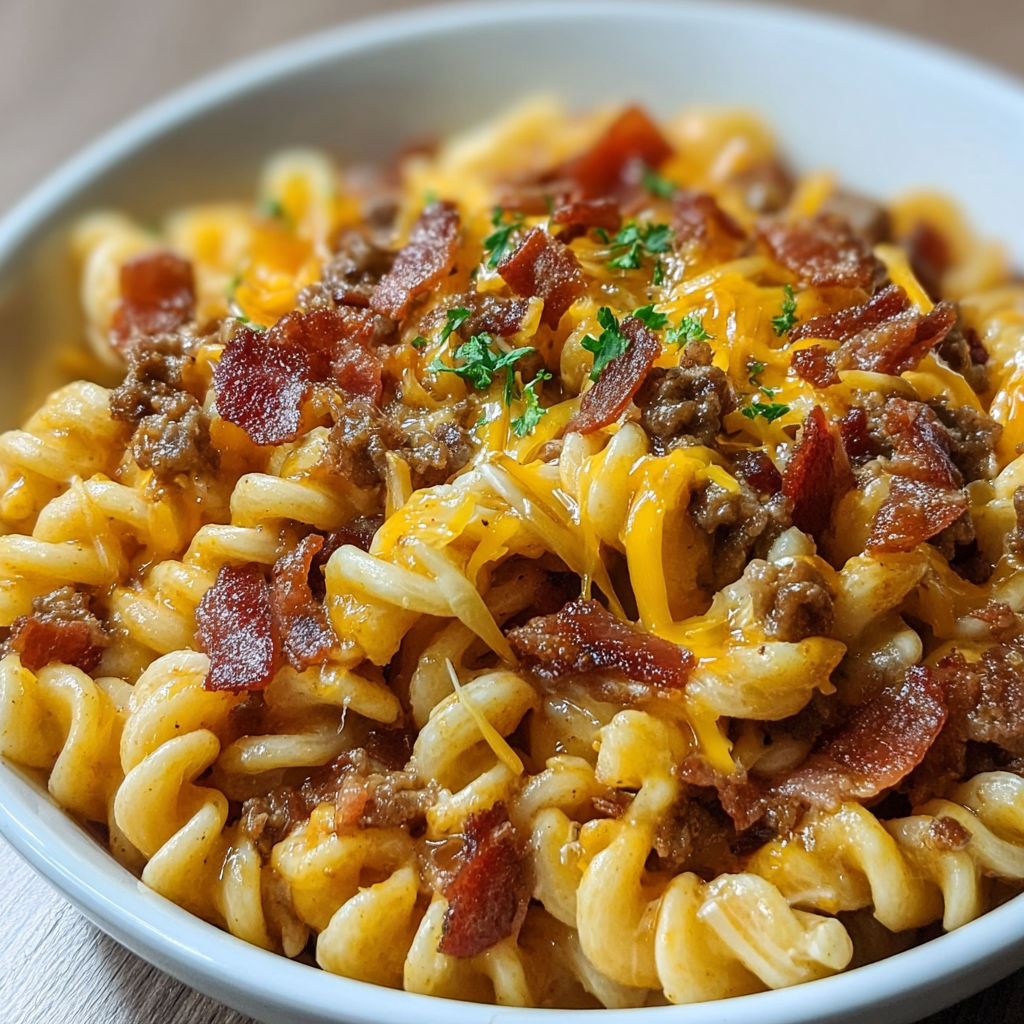 A bowl of pasta with bacon and cheese.