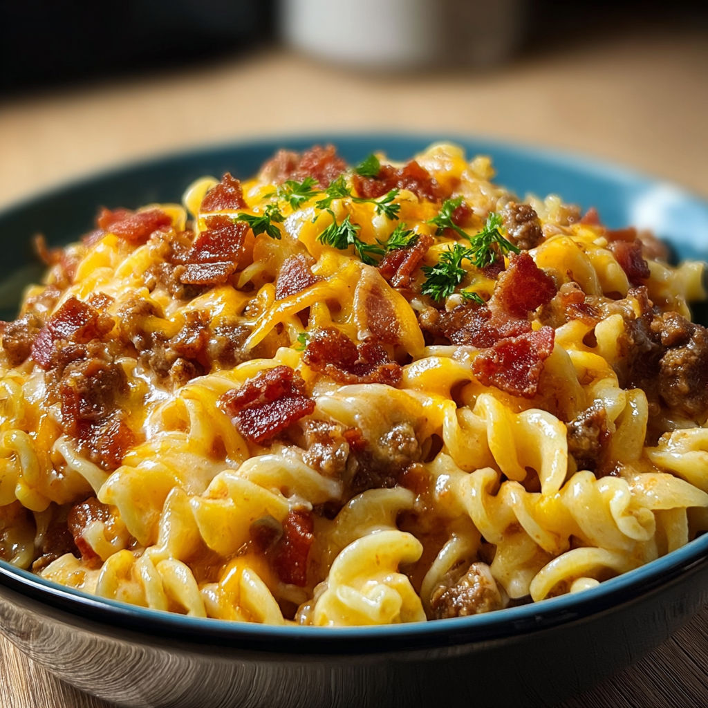 A bowl of pasta with bacon and cheese.