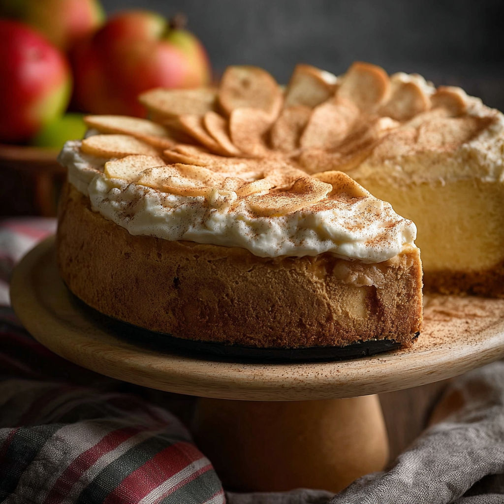 A slice of apple cider cheesecake on a wooden plate.