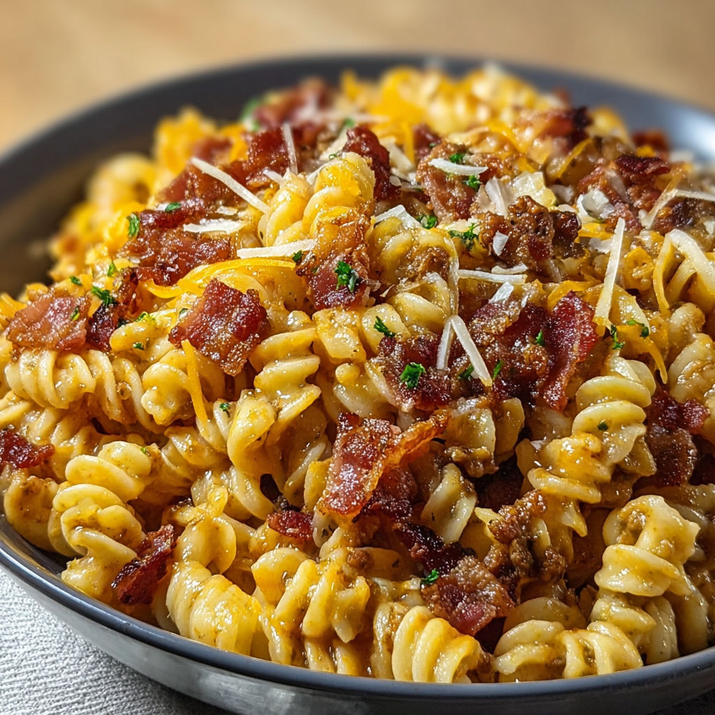 A bowl of pasta with bacon and cheese.