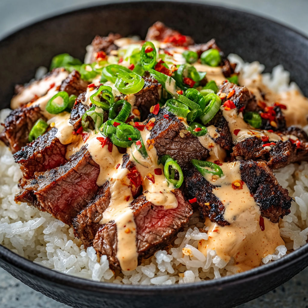 A bowl of meat and rice with a spicy cream sauce.