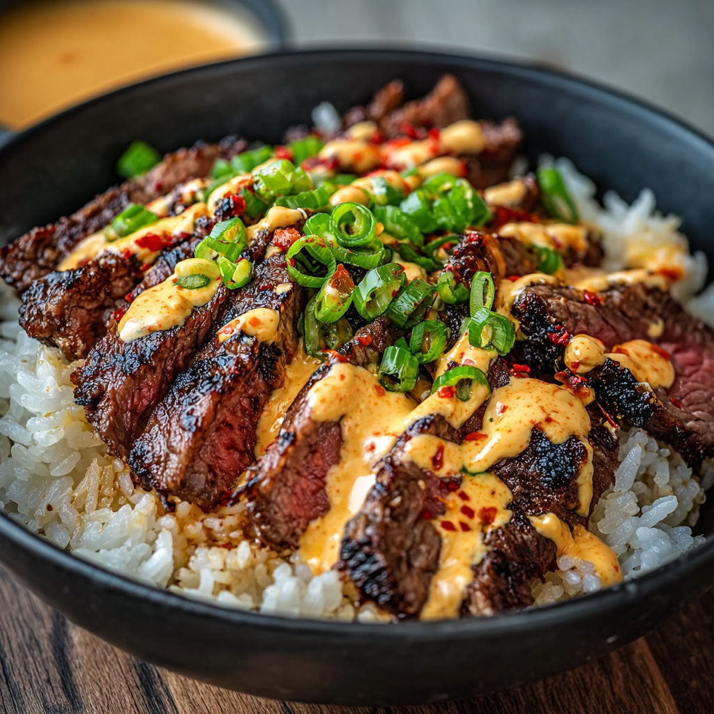 A bowl of meat and rice with a spicy cream sauce.