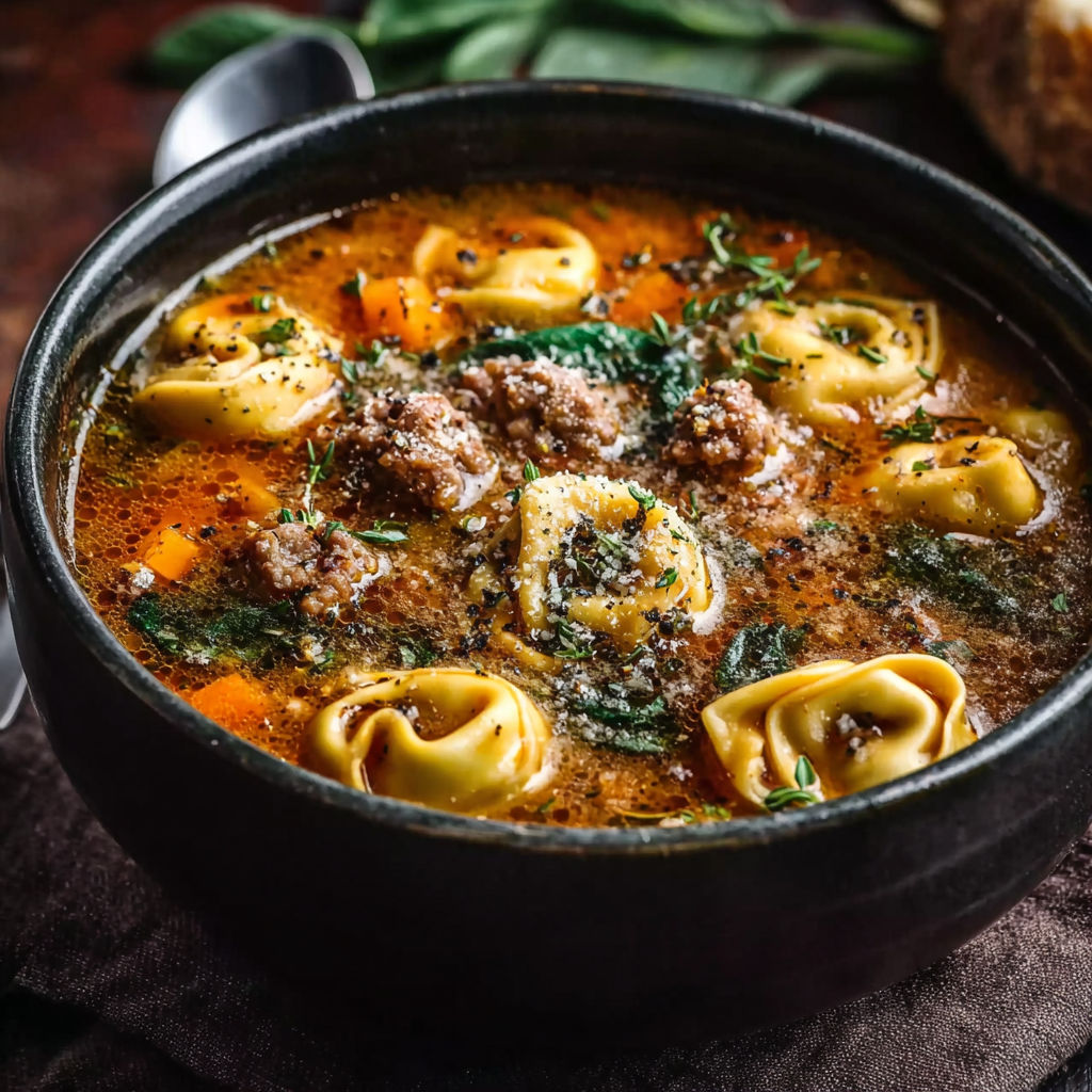 A bowl of soup with pasta and sausage.