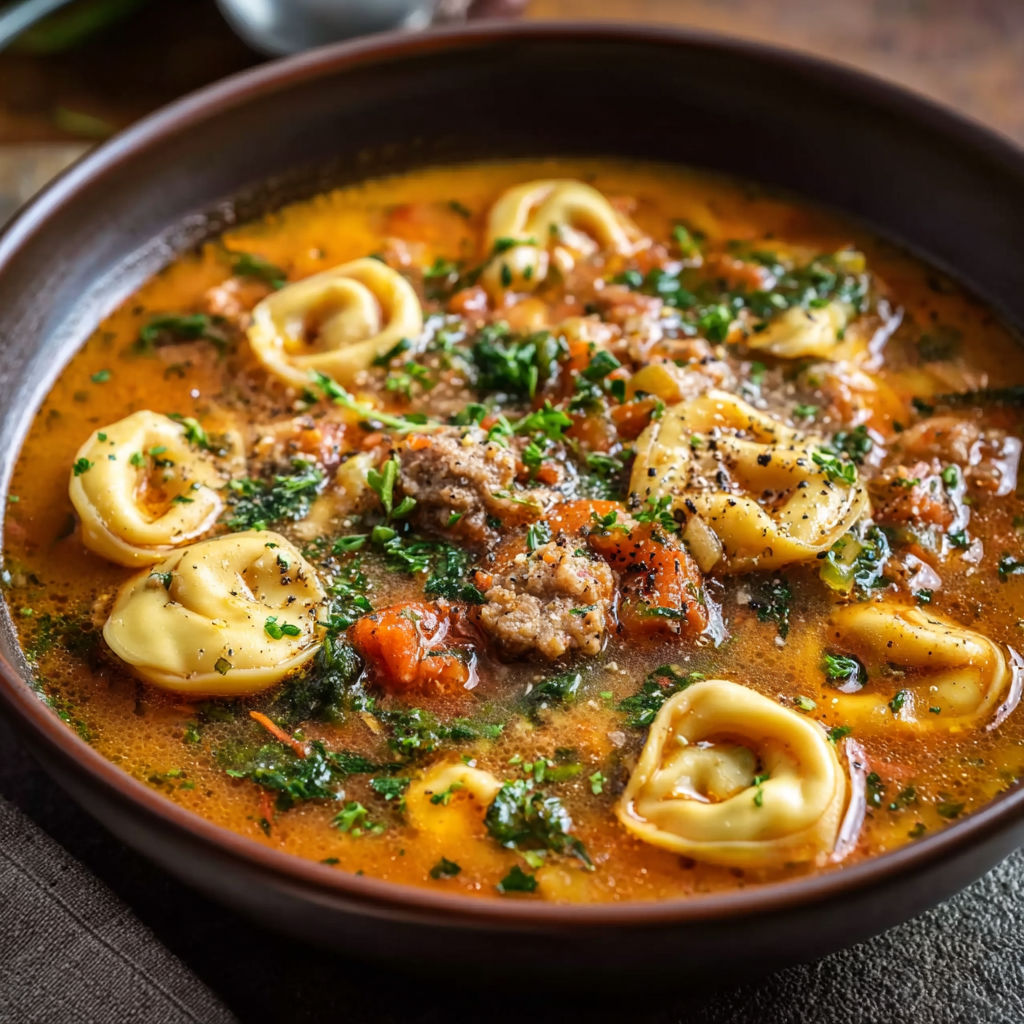 A bowl of soup with pasta and sausage.