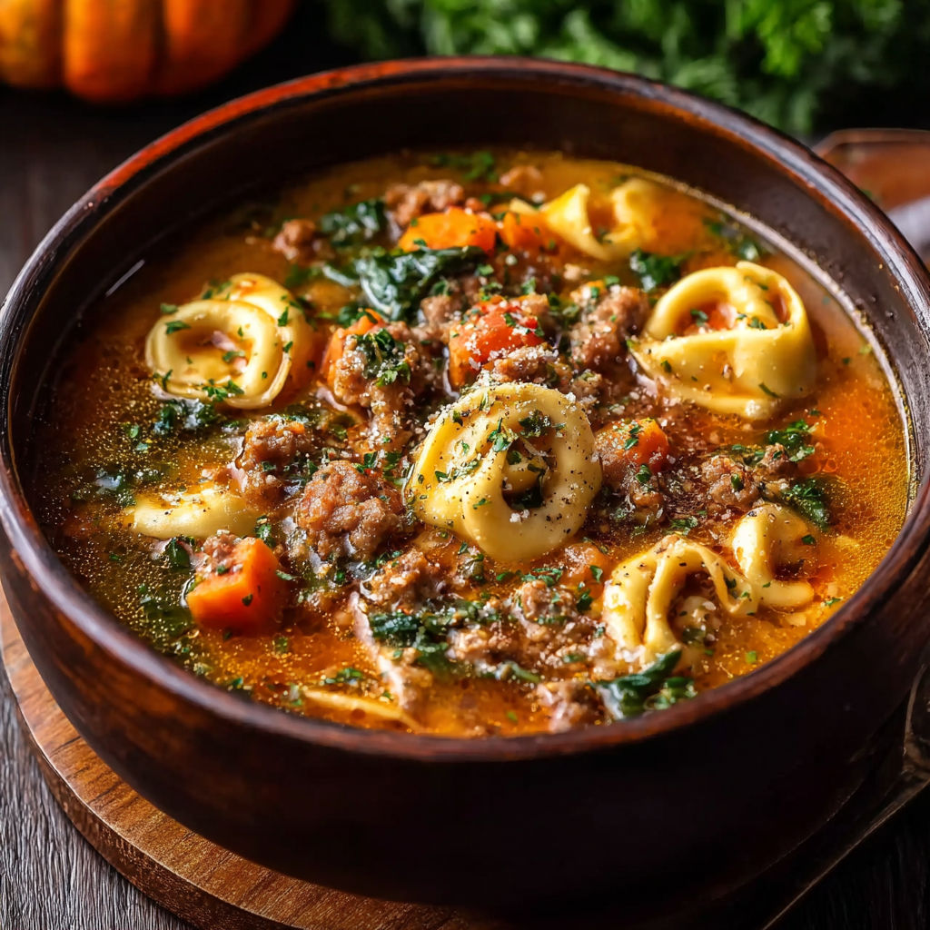 A bowl of soup with pasta and meat in it.