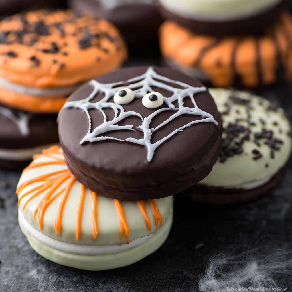 A spider web decoration on a chocolate cookie.