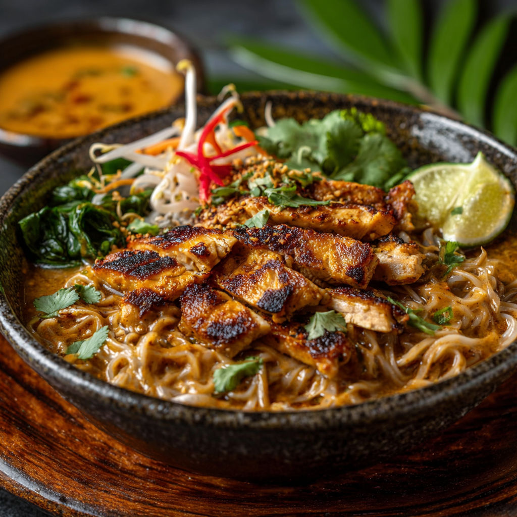 A bowl of satay chicken noodle soup.