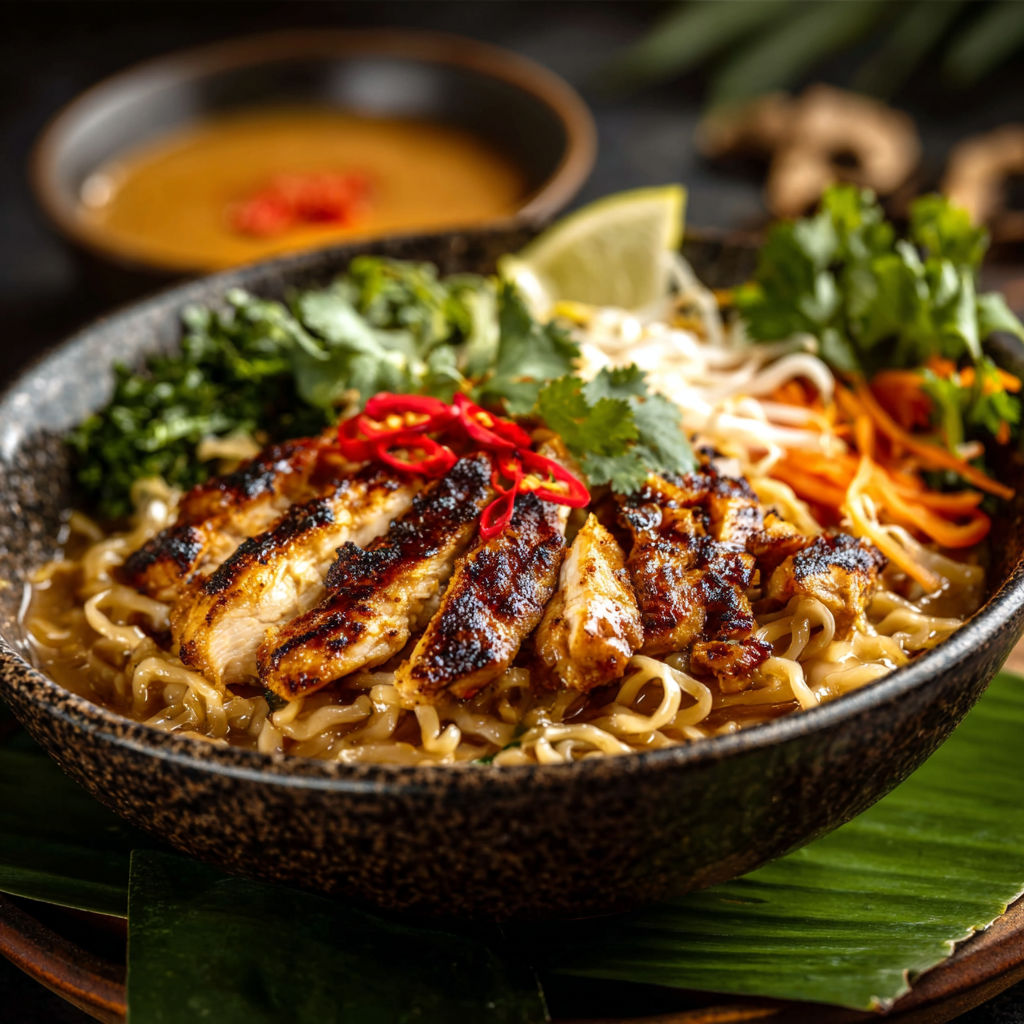 A bowl of noodles with chicken and vegetables.