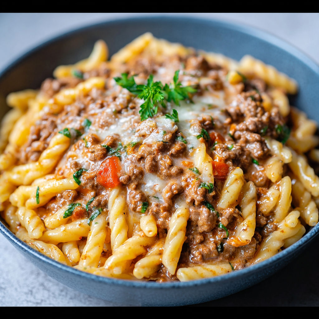 A bowl of pasta with meat sauce.