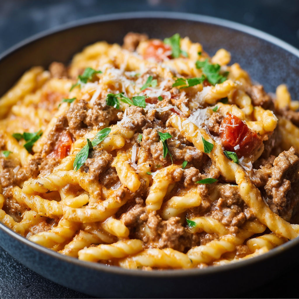 A bowl of pasta with meat and cheese.