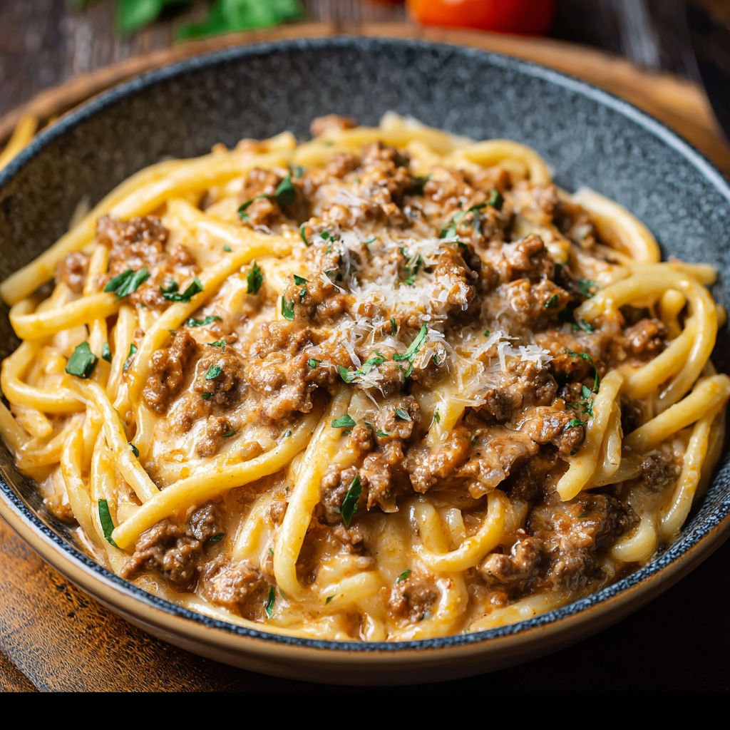 A bowl of pasta with meat and cheese.