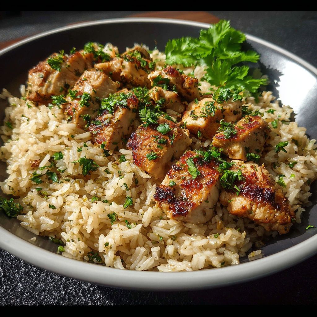 A plate of rice with chicken and herbs.