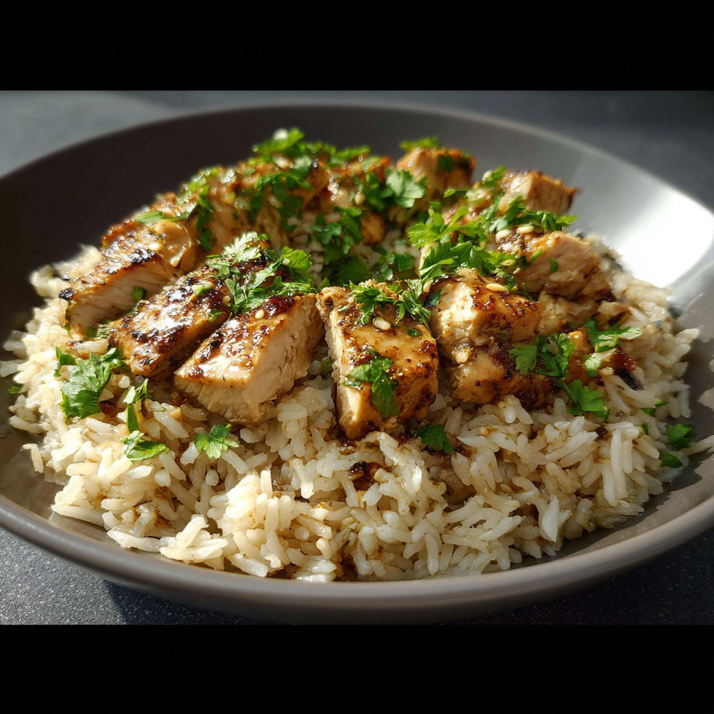 A plate of rice with chicken and vegetables.