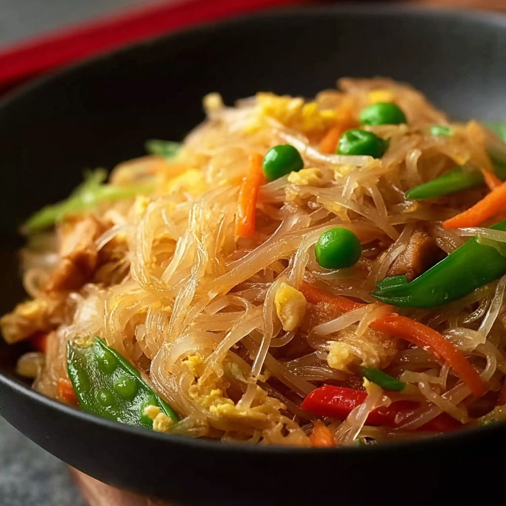 A bowl of noodles with peas and carrots.