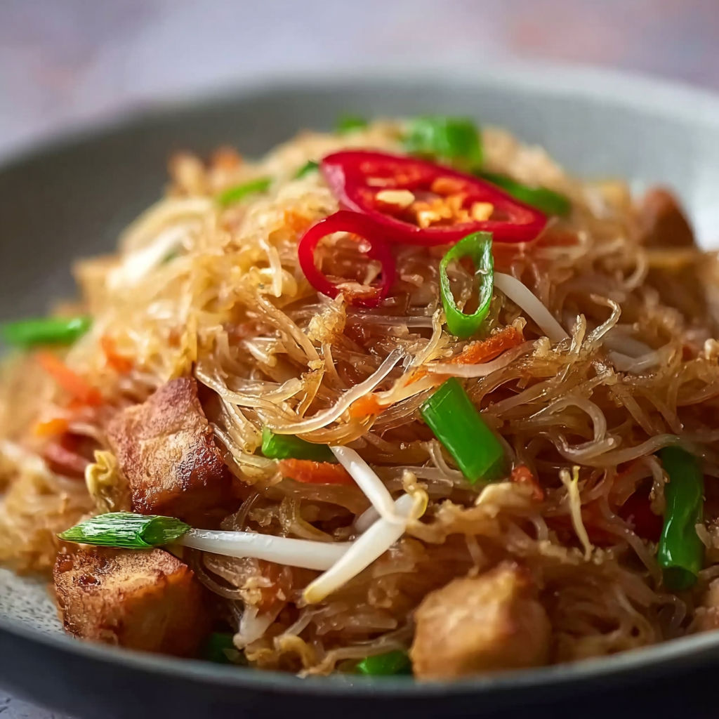 A plate of fried rice noodles with vegetables.