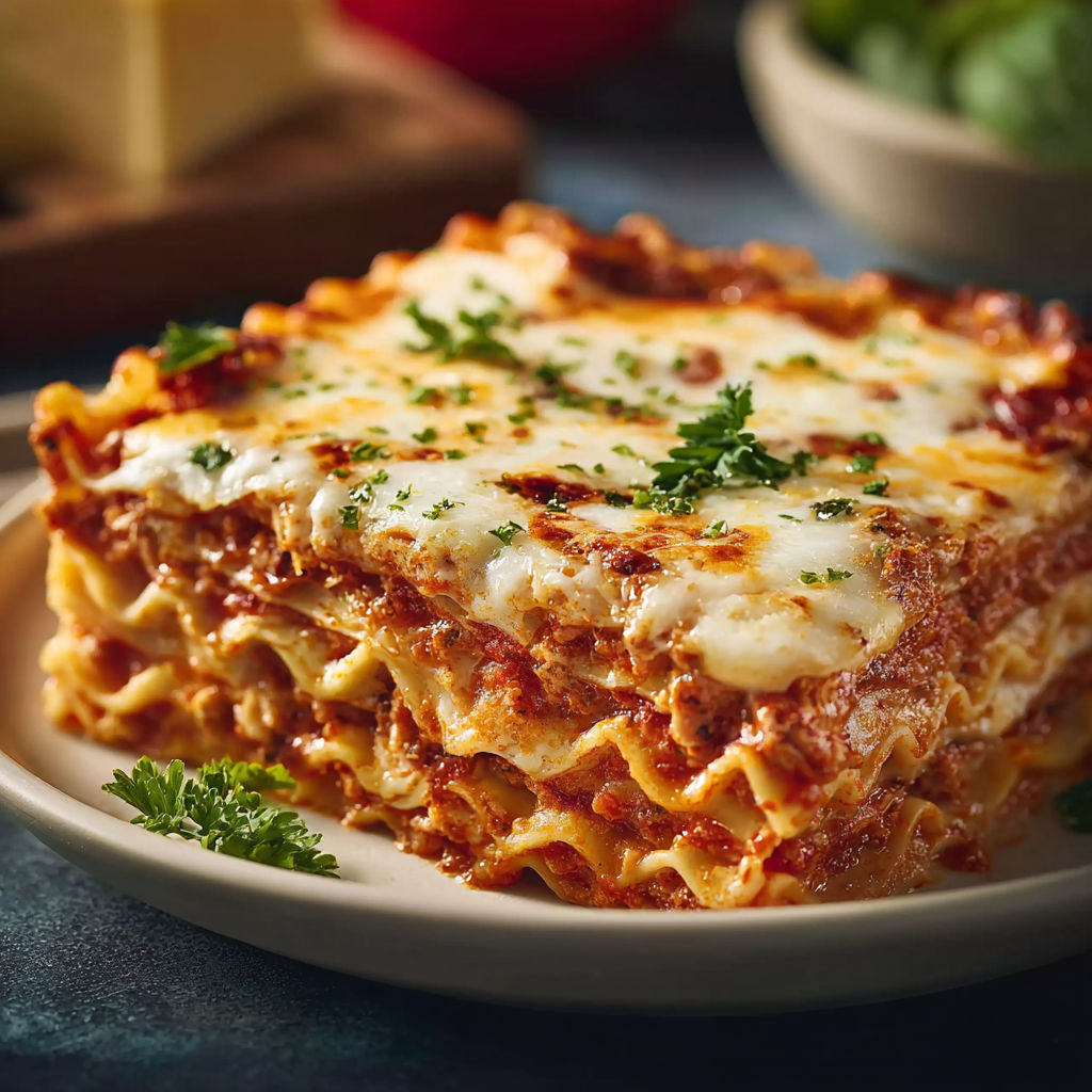 A plate of lasagna with cheese and herbs on top.