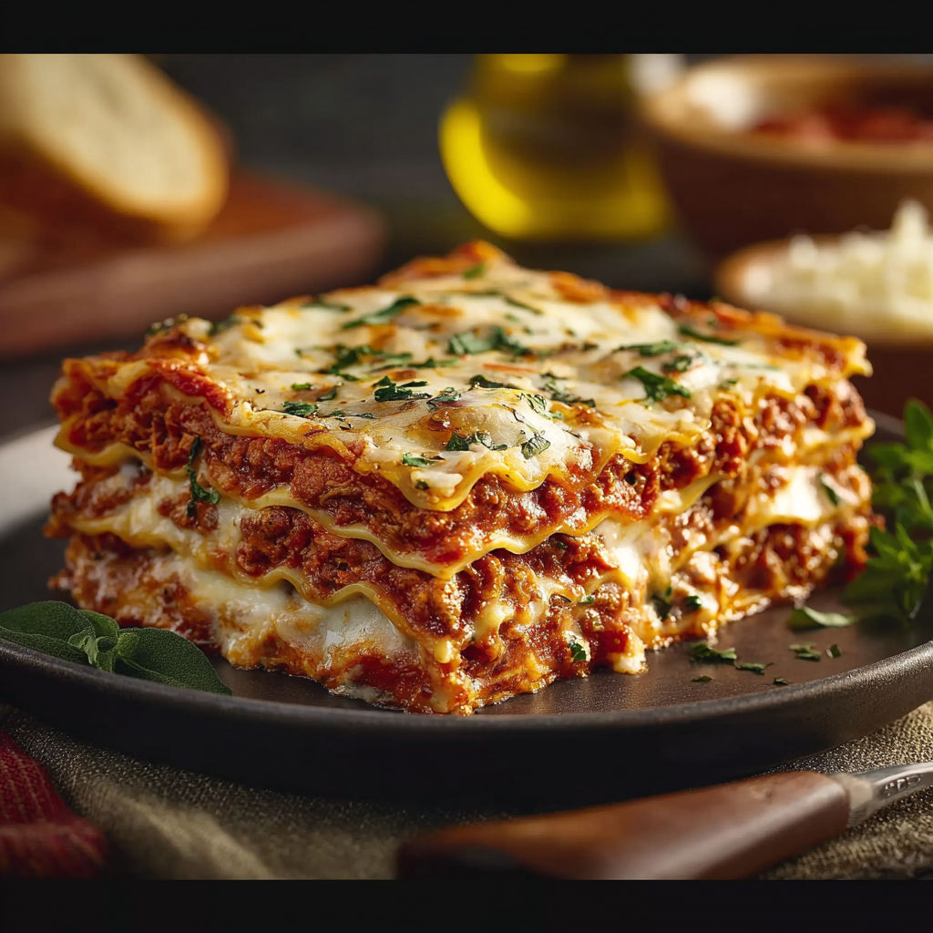 A stack of lasagna with cheese and sauce.