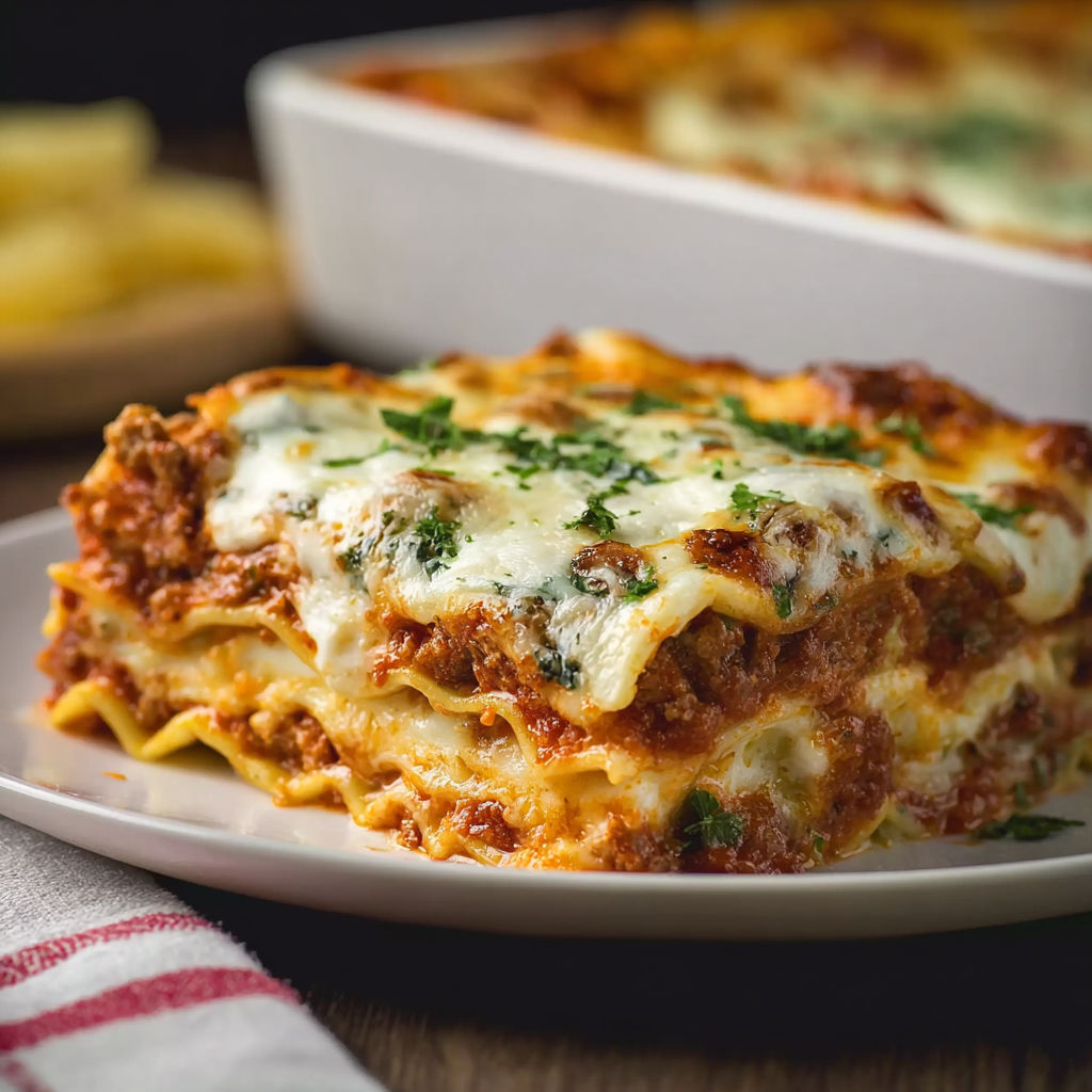 A white plate with a slice of lasagna on it.