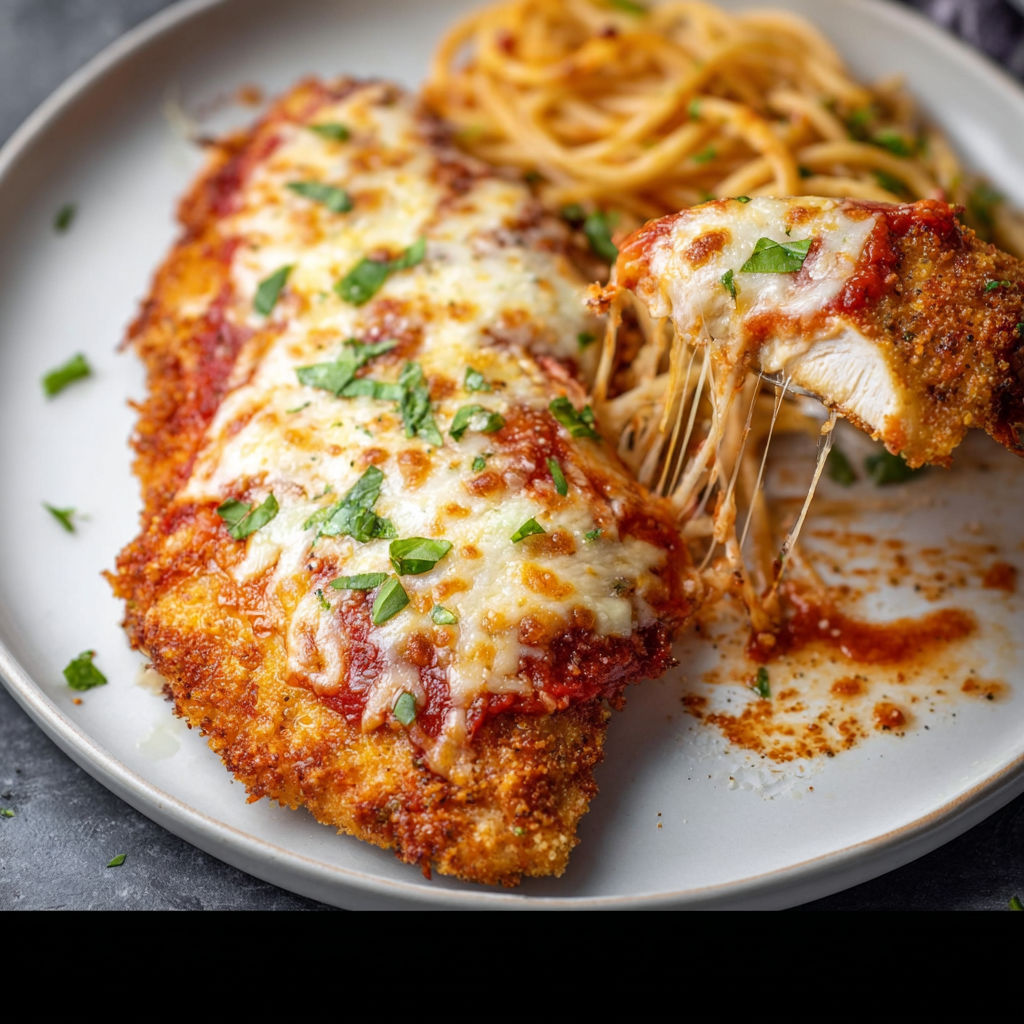 A plate of chicken parmesan with spaghetti.