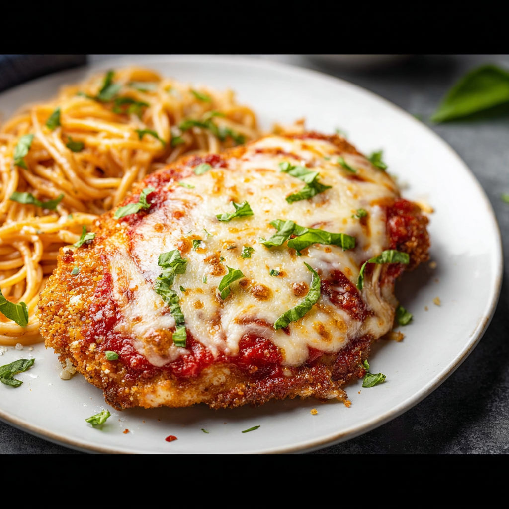 A plate of chicken parmesan with pasta.
