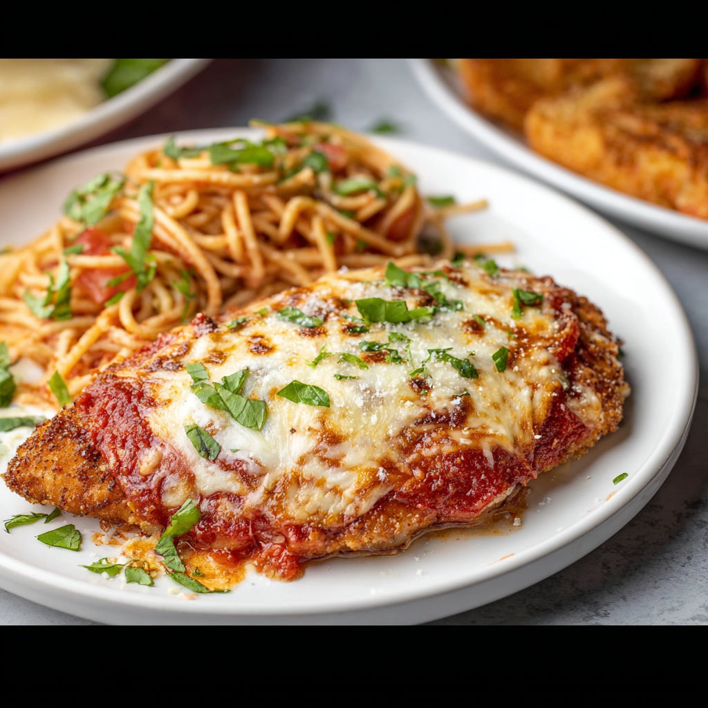 A plate of chicken parmesan with a side of spaghetti.