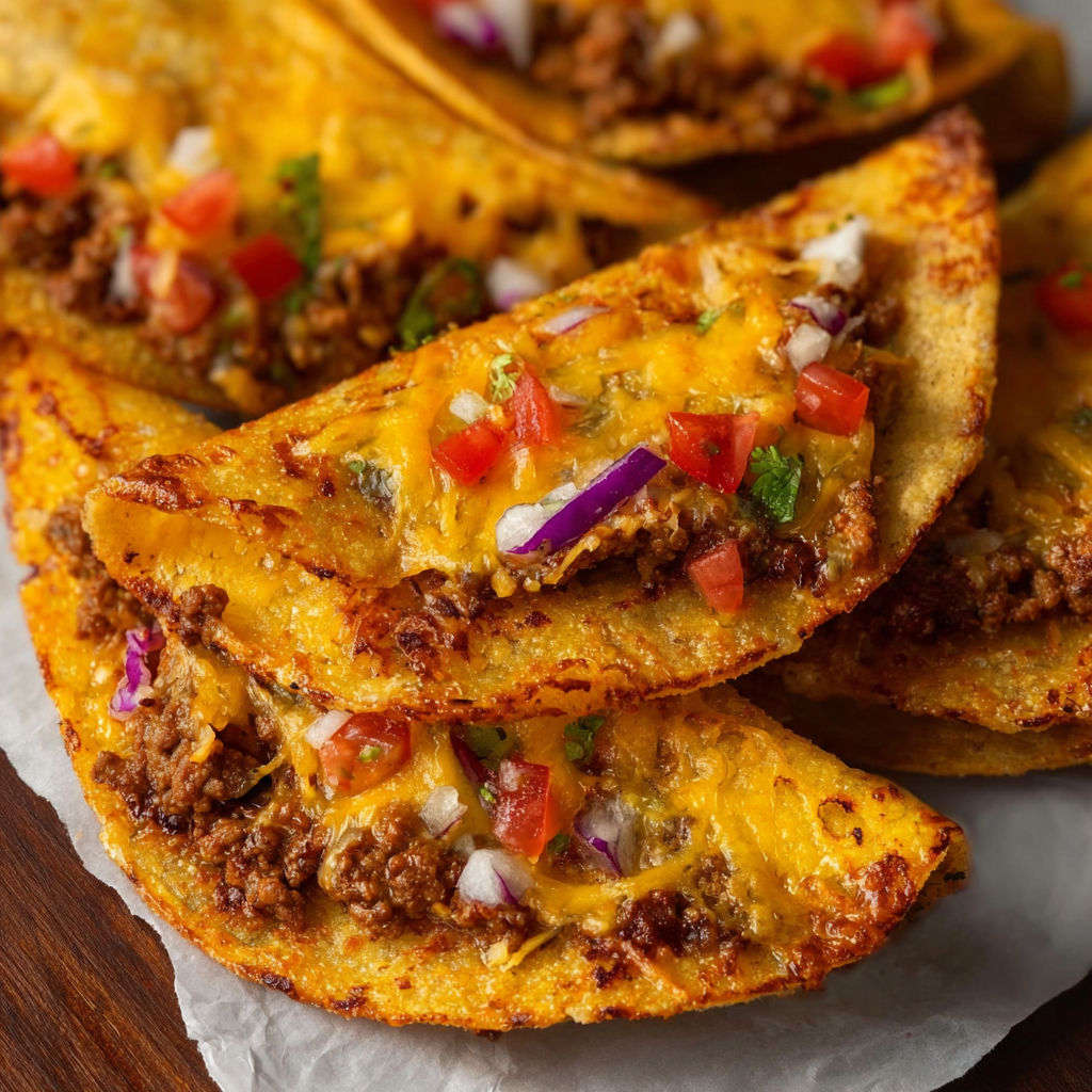 A stack of tacos on a sheet pan.