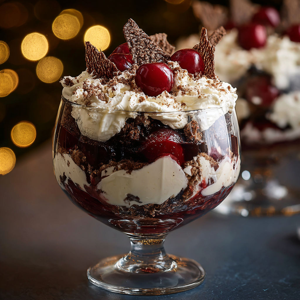 A glass bowl filled with a dessert that includes cherries and whipped cream.
