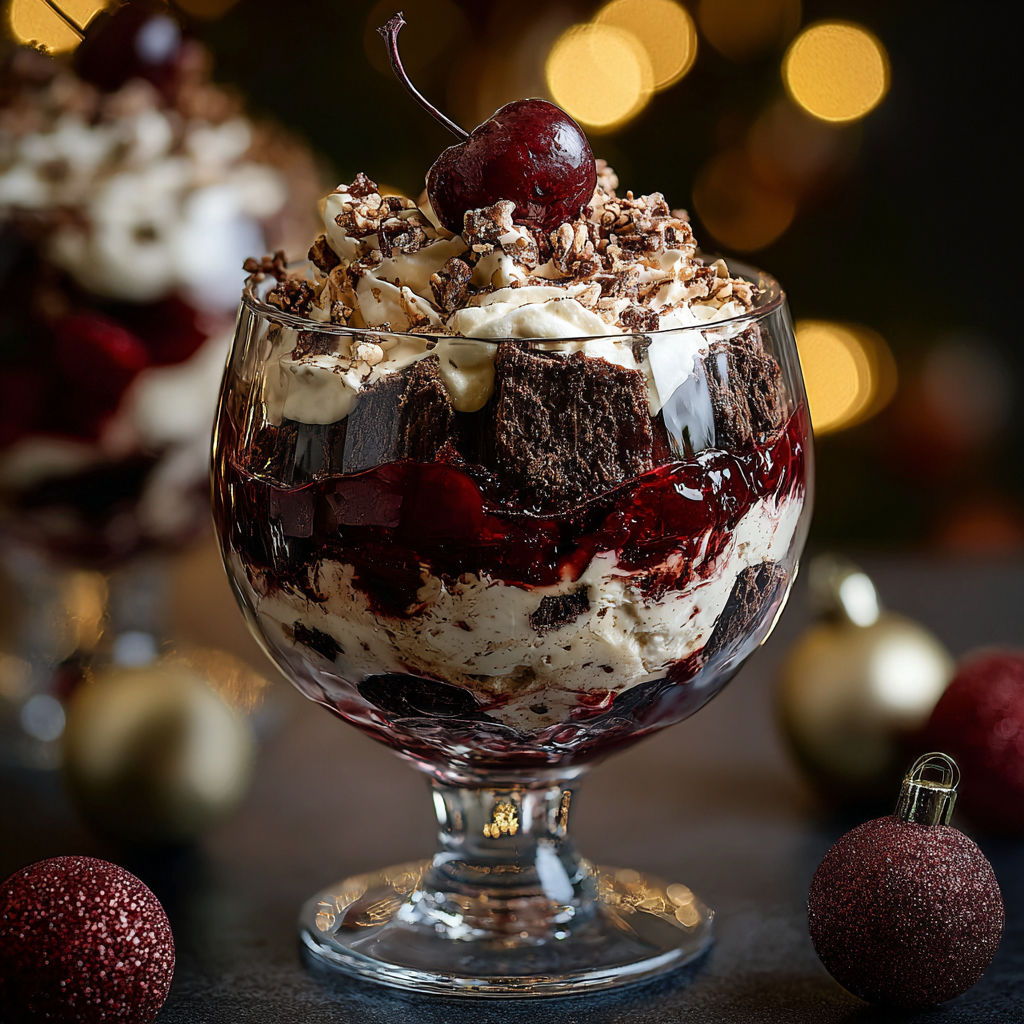 A glass bowl filled with a dessert containing cherries and chocolate.
