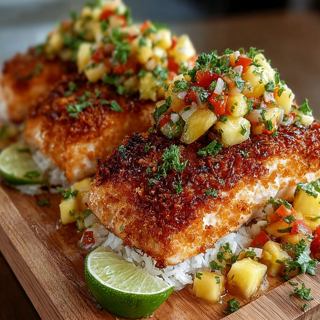 A plate of fish with a pineapple salsa on top.