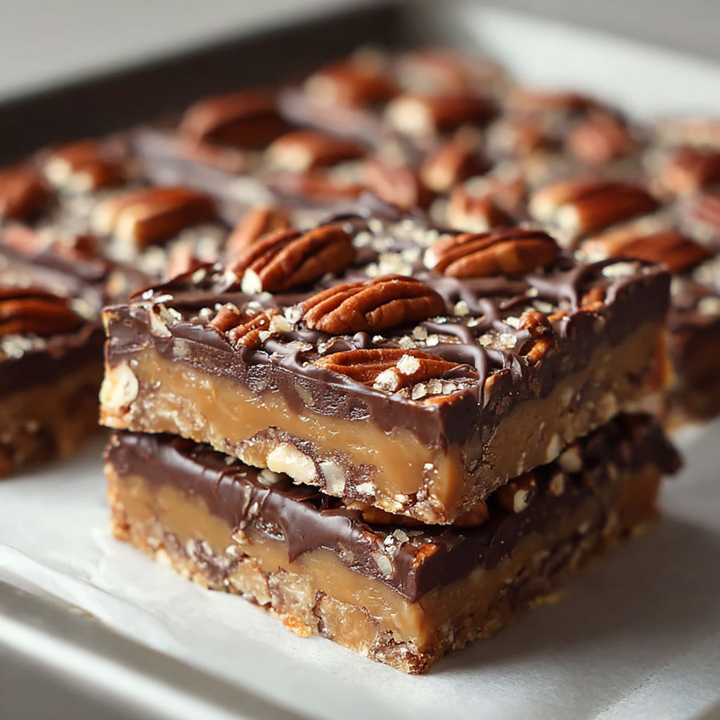 A tray of turtle bars with pecans and caramel.