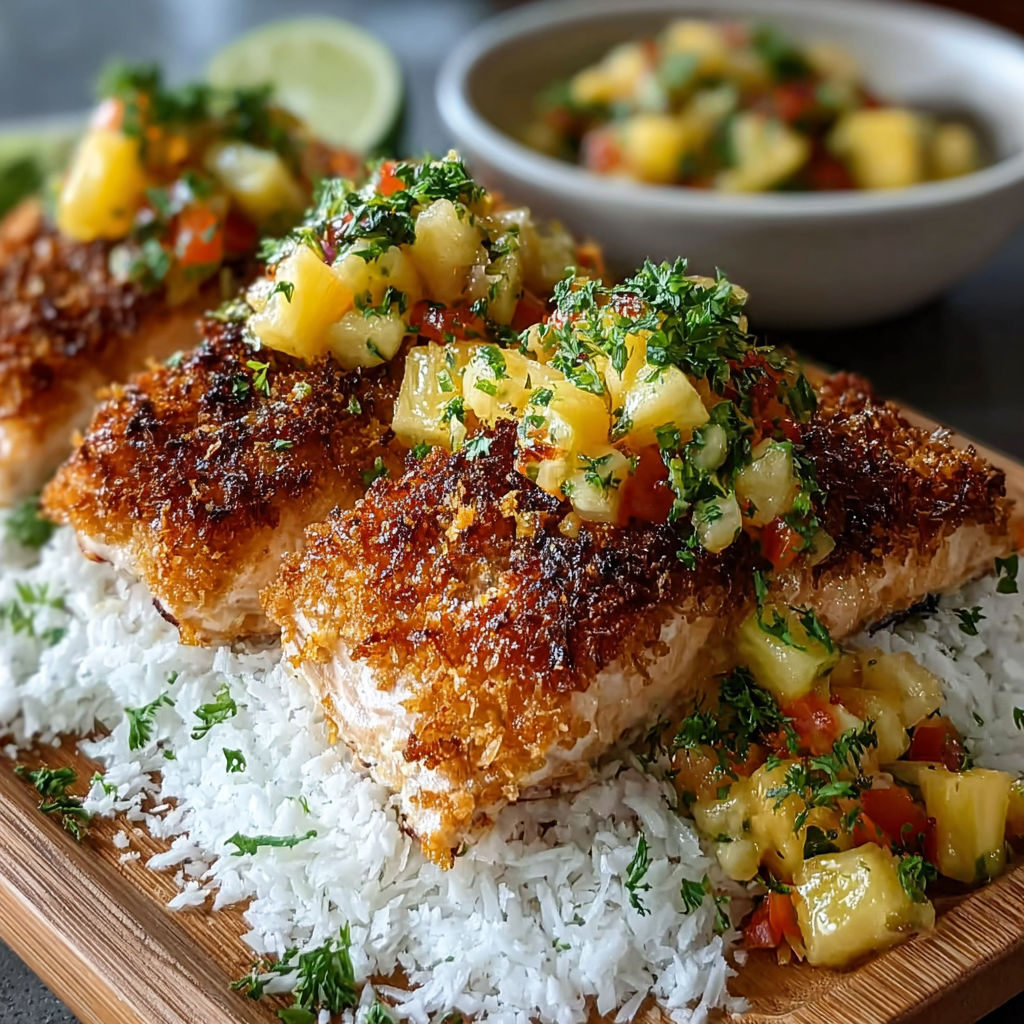 A dish of grilled salmon with pineapple salsa.