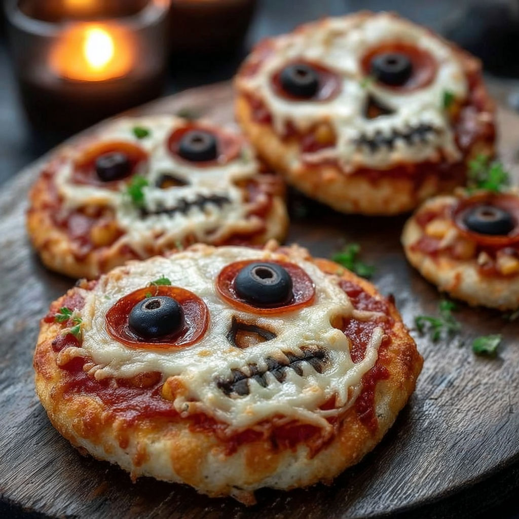 Mini skull pizzas on a wooden board.