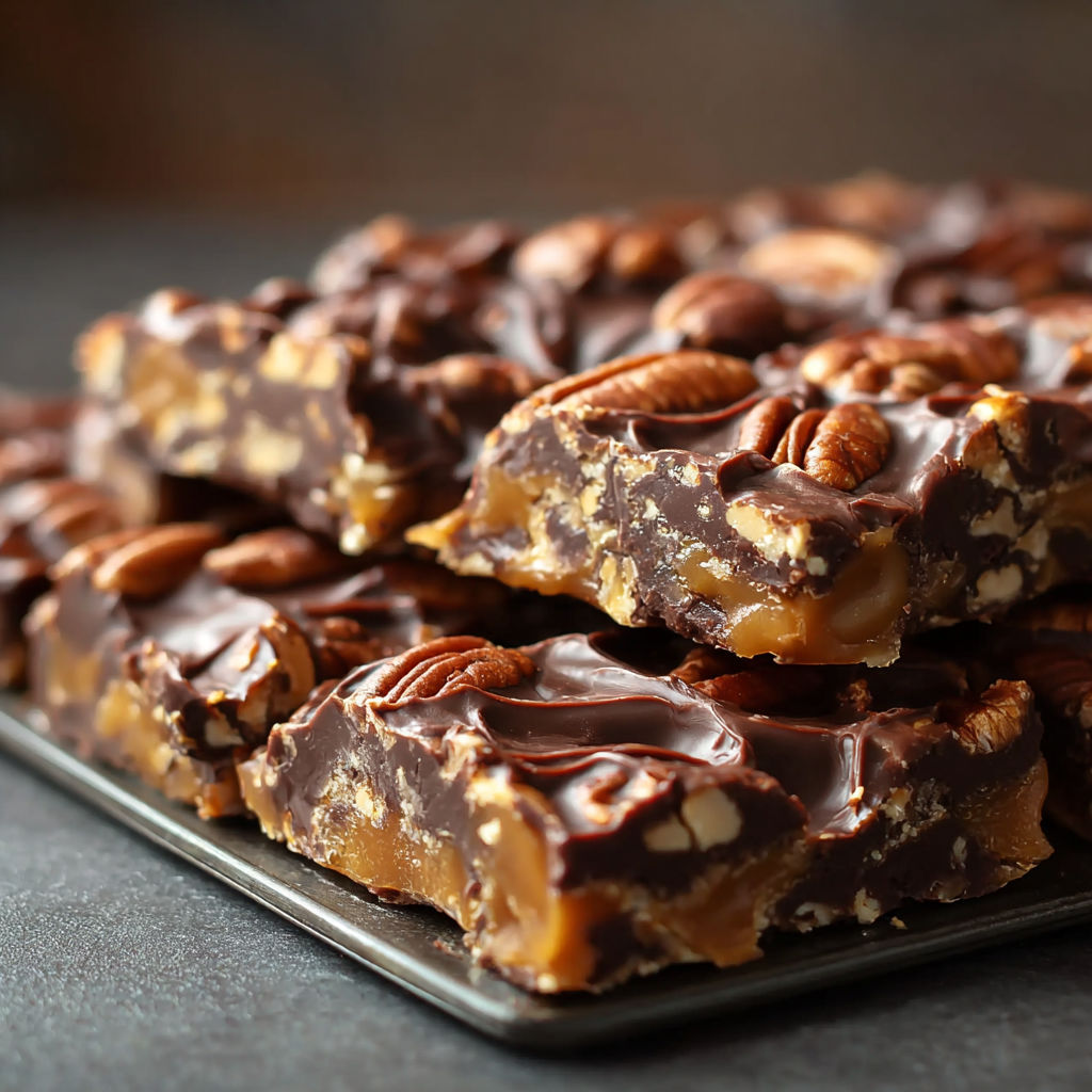A plate of chocolate turtle bars.