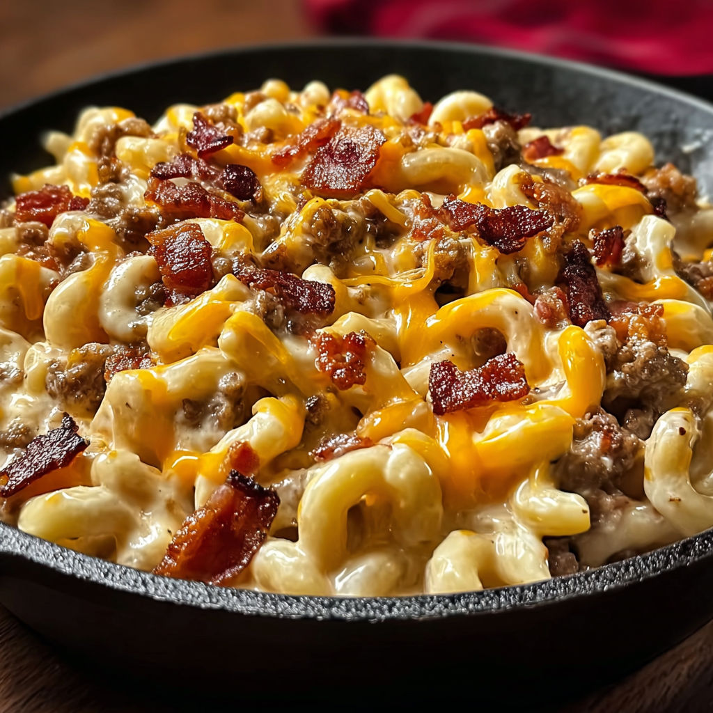 A loaded bacon cheeseburger alfredo pasta.