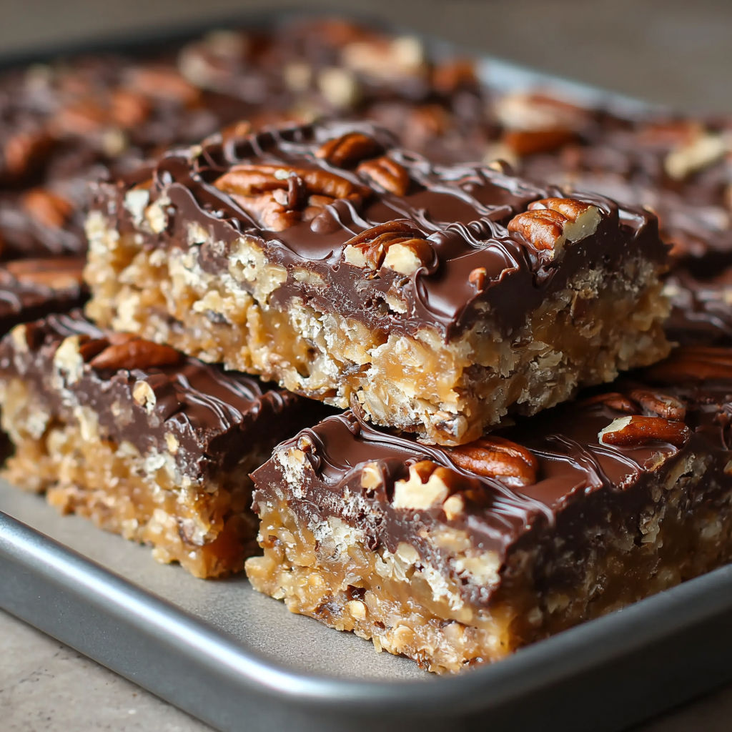 A pan of chocolate and peanut butter turtle bars.