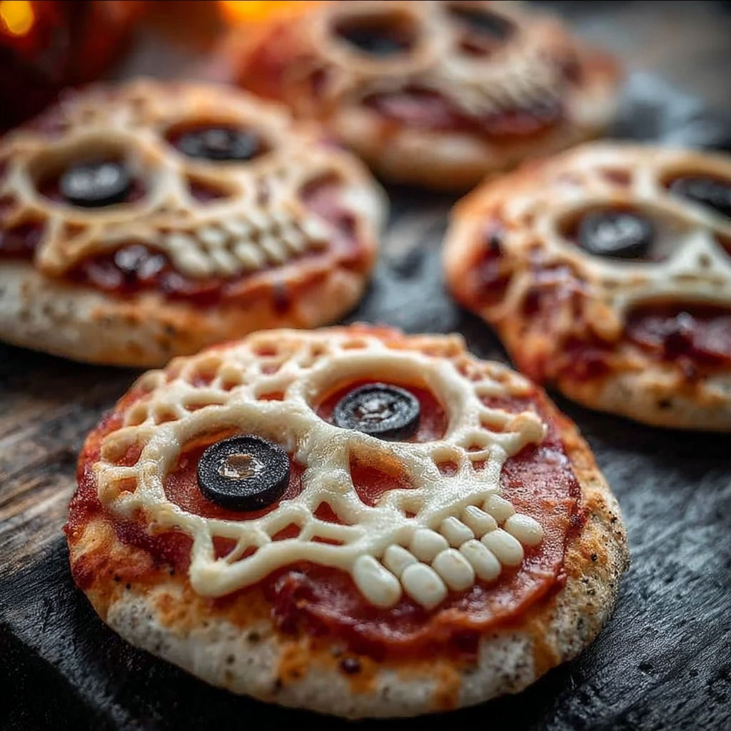 Mini skull pizzas on a table.