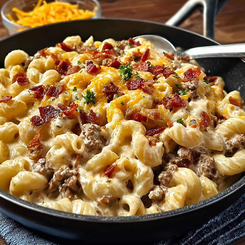 A loaded bacon cheeseburger alfredo pasta dish.