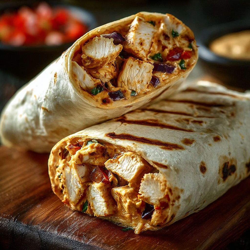 A chicken burrito on a wooden table.