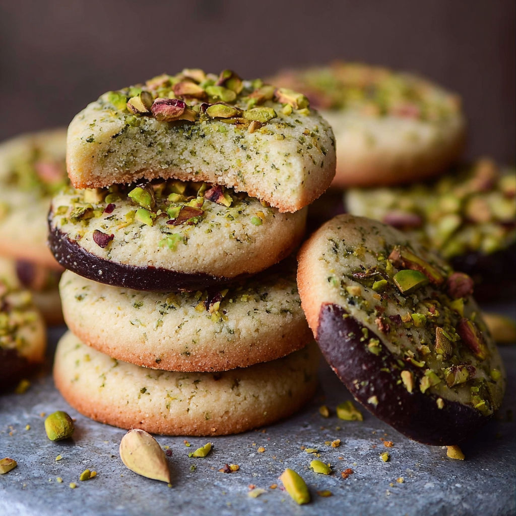 Pistachio shortbread cookies stacked on a table.