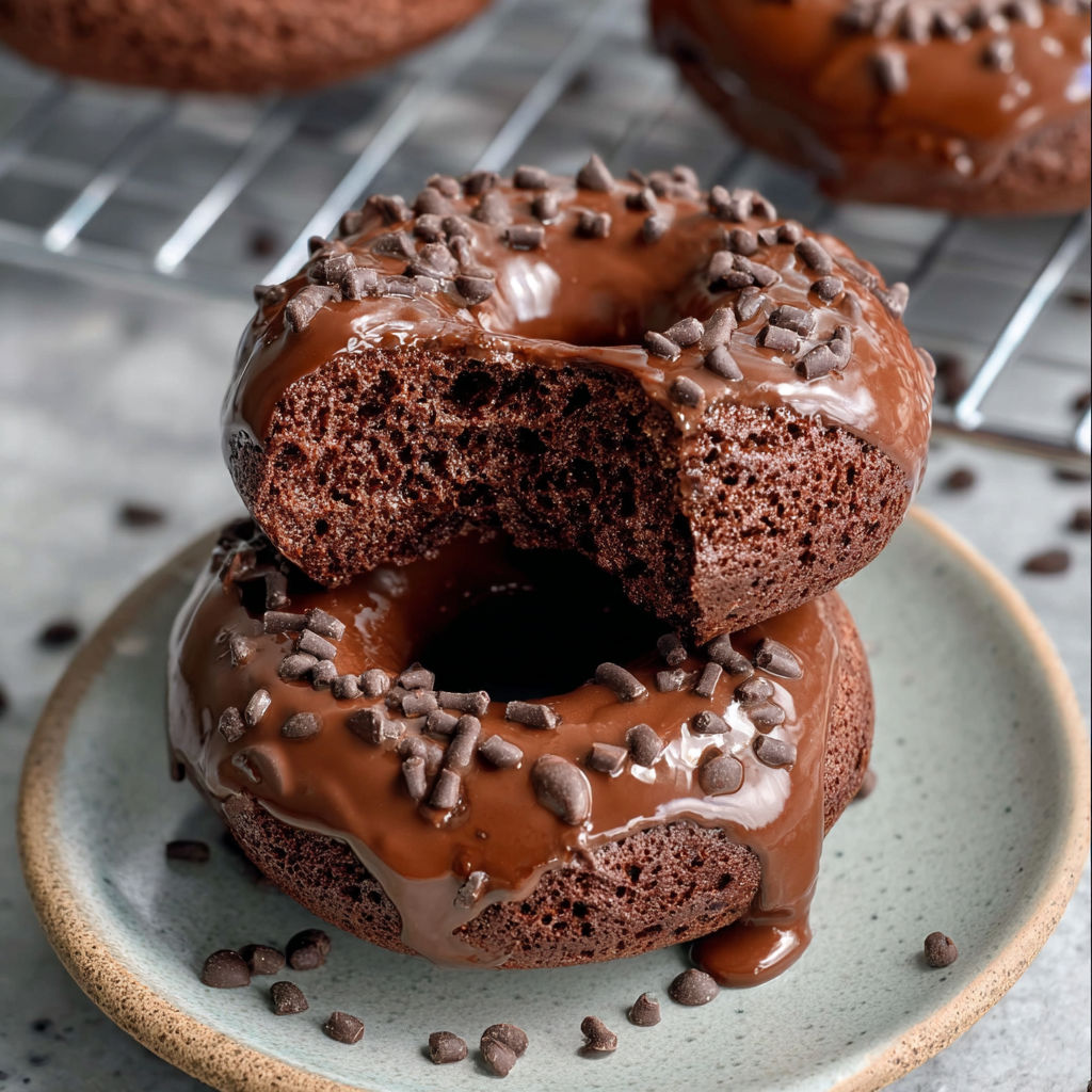 A plate of chocolate donuts with chocolate drizzle.
