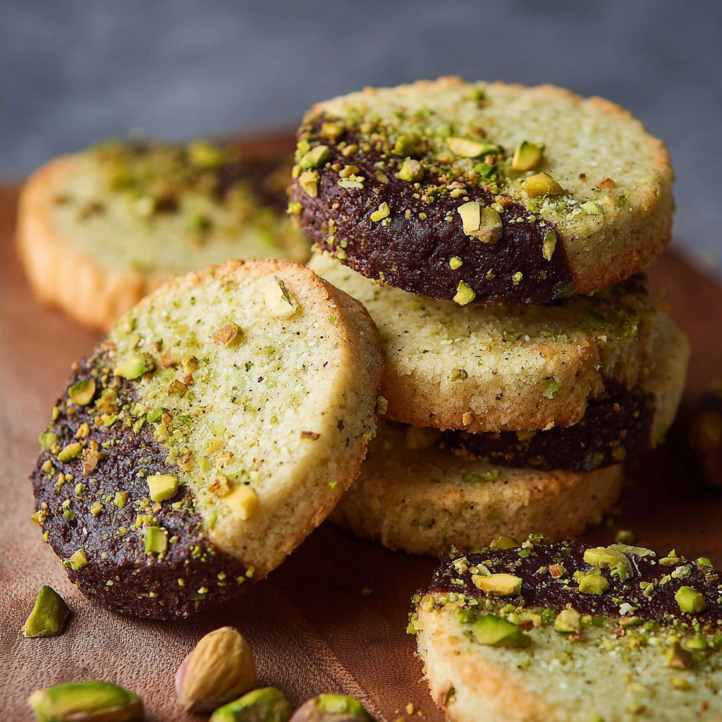 Pistachio shortbread cookies stacked on a wooden table.