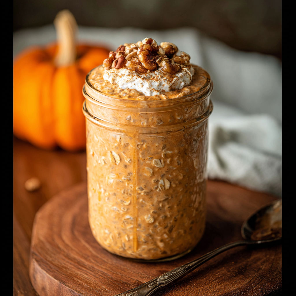 A jar of high protein pumpkin oats.