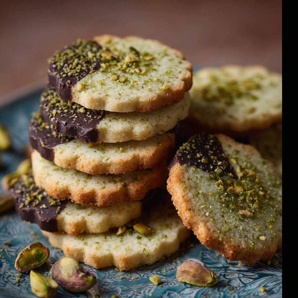 A stack of pistachio shortbread cookies.