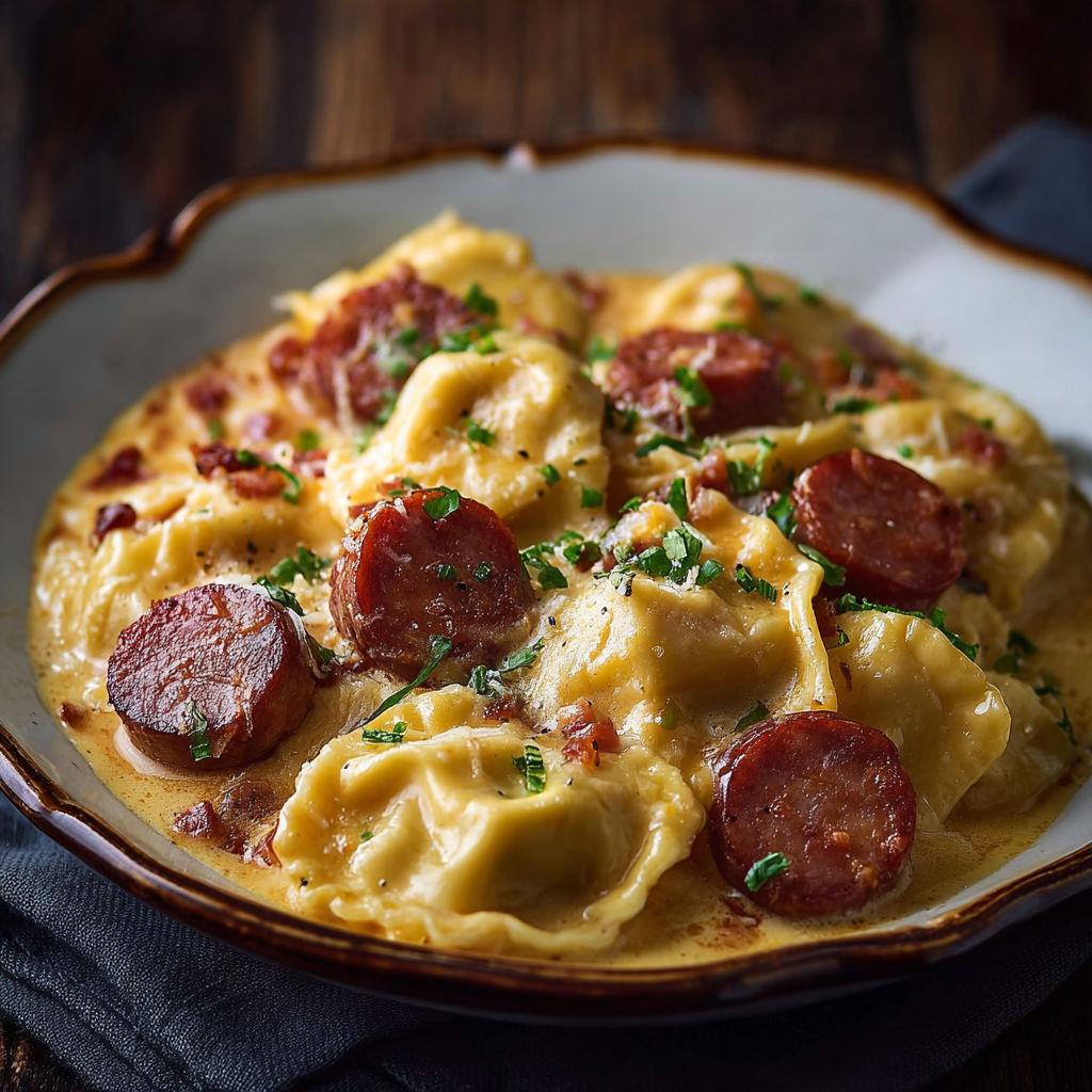 A plate of pasta with sausage and cheese.