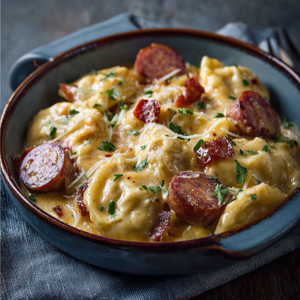 A bowl of pasta with meat and cheese.