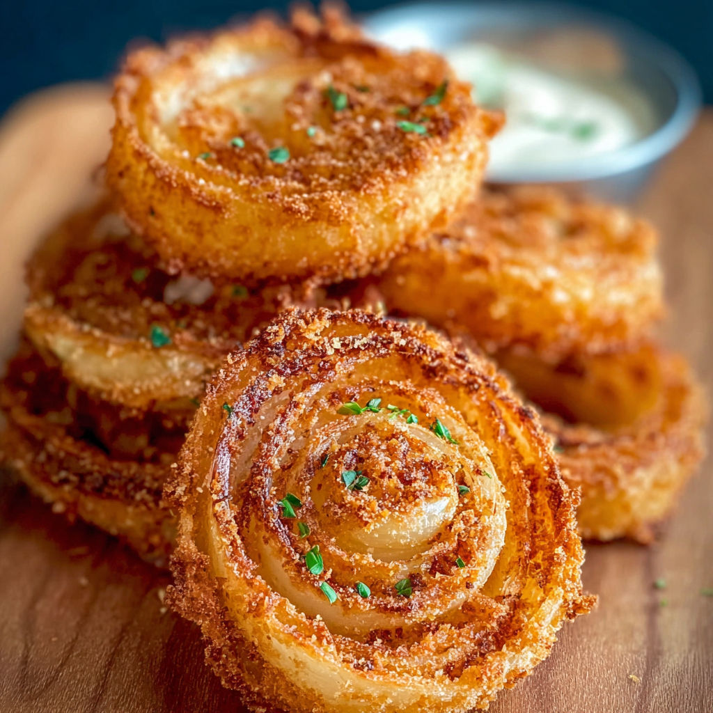 A plate of onion rings with a side of ranch dressing.