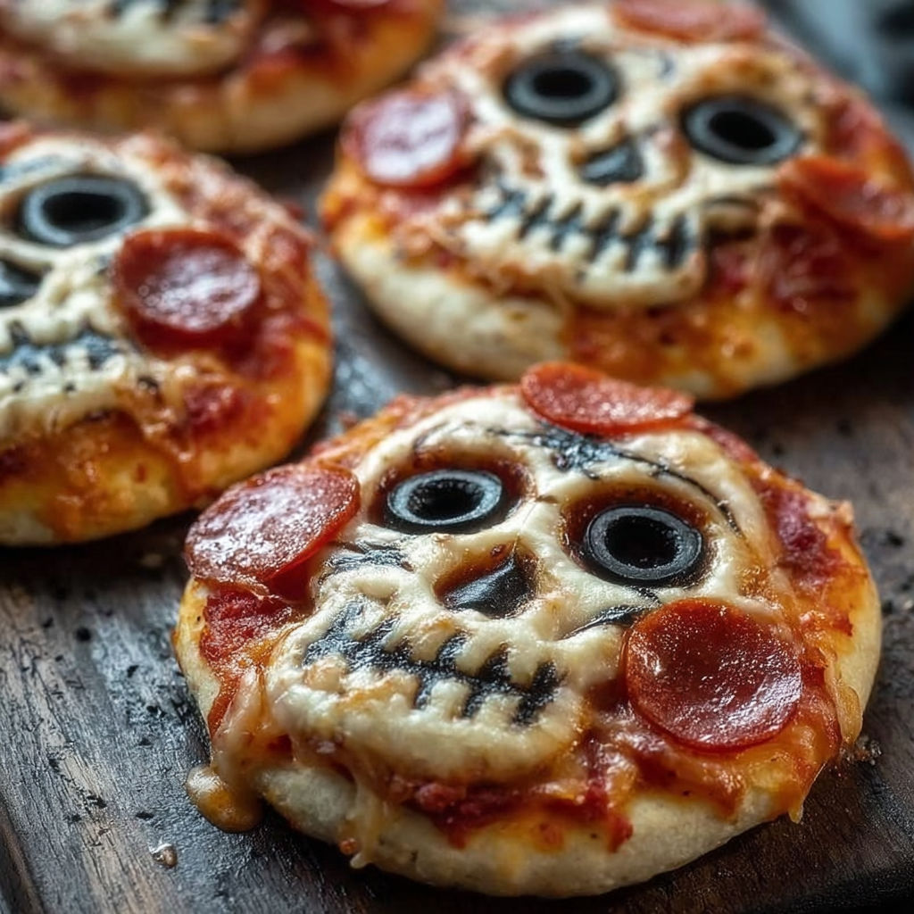 A pizza with a skull on it.