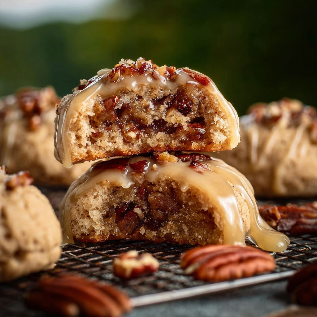 A stack of pecan cookies with maple glaze.